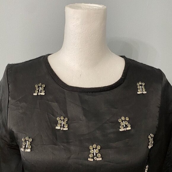 Miri Sweater Embellished Gems Sheer Sleeves Stones XS Black Silver - Picture 2 of 5